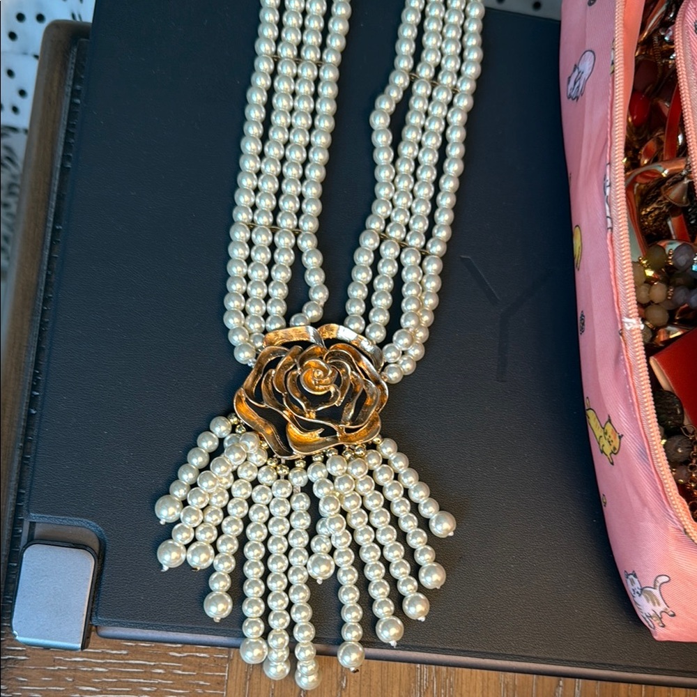 Elegant Pearl Necklace with Gold Rose Pendant